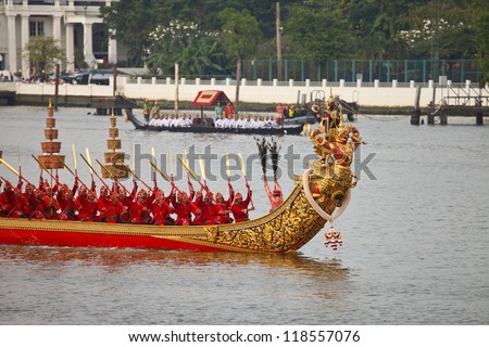 BANGKOK THAILAND - NOV 2,2012: the water-born  Royal  Kathin  Procession  will  consist  of  a  52 traditional style barges arranged in  5 columns on November 2,2012 at  Bangkok  Thailand