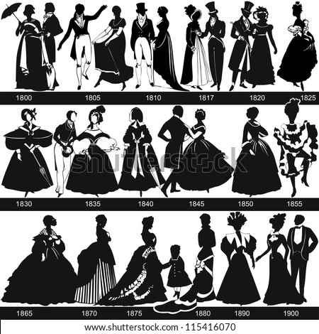 Black and white 1800-1900 fashion silhouettes are dancing and walking vector illustration Black and white 1800-1900 fashion silhouettes are dancing and walking vector illustration