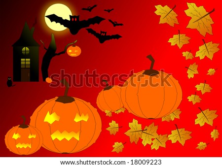 Autumn leaves with Halloween pumpkins, bats, cat, house with fool moon and bare tree