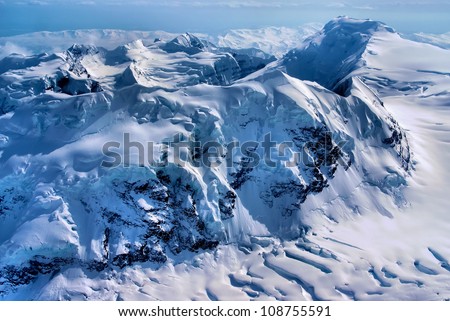 A Beautiful Alaskan Sculpture of Rock, Snow, and Ice.  Aerial View of The Great Alaskan Wilderness, Denali National Park, Alaska.