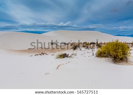 The Amazing White Sands Desert Dunes of White Sands Monument National Park in New Mexico.  Unusual cloudy skies.