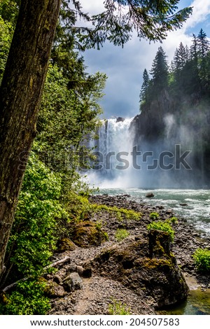 The Beautiful Snoqualmie Waterfall in the Great Pacific Northwest, USA.  River Basin View.
