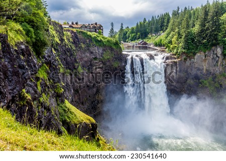 The Beautiful Snoqualmie Waterfall in the Great Pacific Northwest, USA.  Mid level wide angle view.