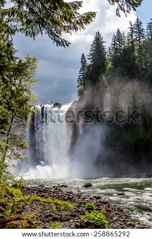 The Beautiful Snoqualmie Waterfall in the Great Pacific Northwest, USA.  River Basin View.