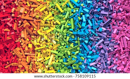 Lot of colorful rainbow toy bricks background. Educational toy for children. 3D Rendering.
