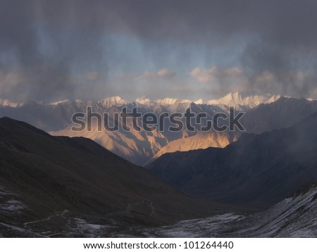 Evening view from highest all year round accessible pass Kardung La on Karakoran mountain range, Ladakh, India