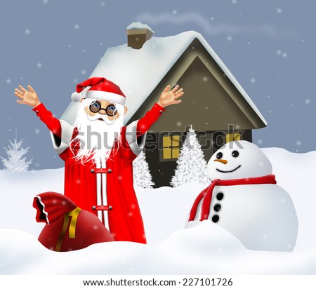Santa in the snow with snowman