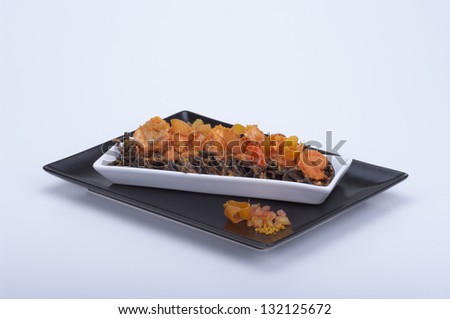 spaghetti with squid ink with salmon,shrimp and mullet , ,