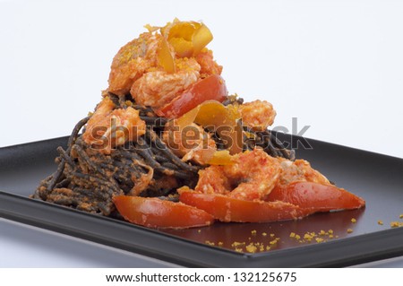 spaghetti with squid ink with salmon,shrimp and mullet , ,