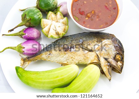 Fried Mackerel fish,chili sauce ,and fried vegetable