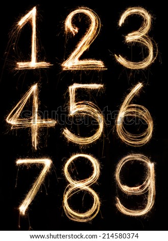 Number alphabet made from sparkler firework, light alphabet