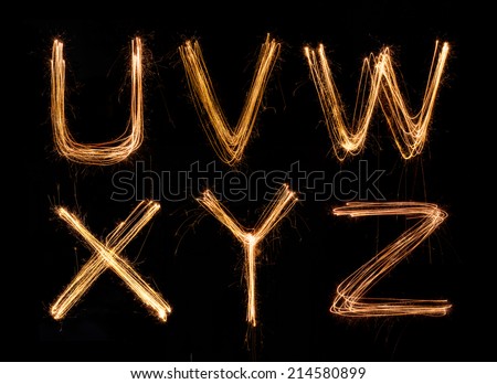 Sparkler firework light alphabet U-Z
