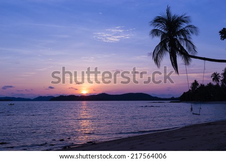 Beautiful sunset over the beach with coconut palm tree and hanging seat - Mak island,Thailand