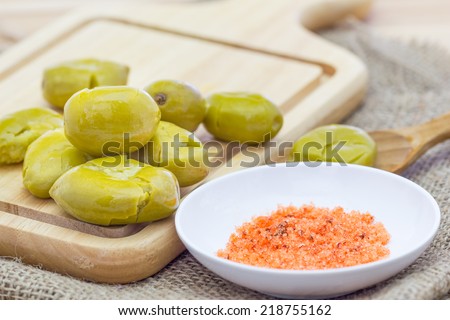 olives fruits with salt and ground red or green peppers (Preserve fruit)
