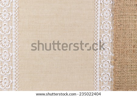 Lace flowers frame on Fabric texture background