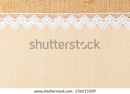 White Ornamental Lace over canvas and Burlap design for border or background