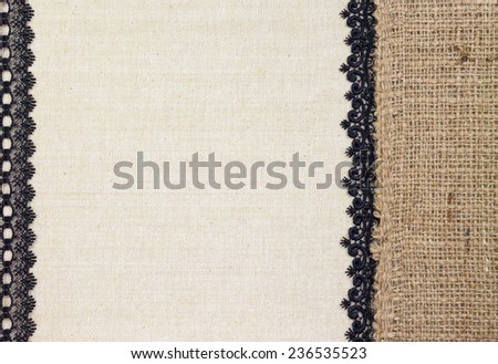Fabric textile with Burlap and black Lace as frame design for background