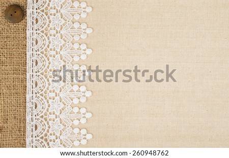Burlap and white Lace with sewing button over fabric texture design for background