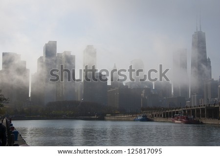 Chicago skyline in daytime fog, from Navy Pier