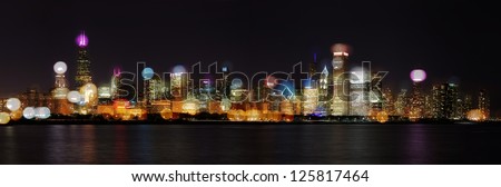 Chicago Skyline At Night- Skyline With Blurred Photo Bokeh Composited On Top