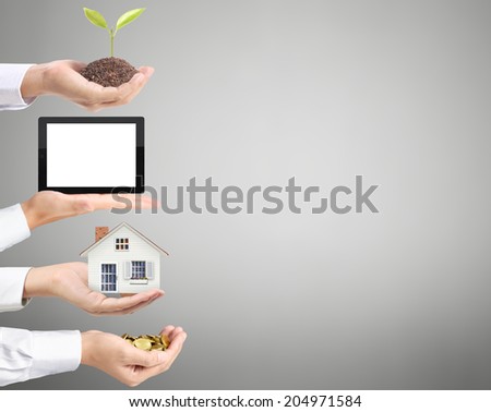 coin, house, tablet, trees, to money in hand, Business idea