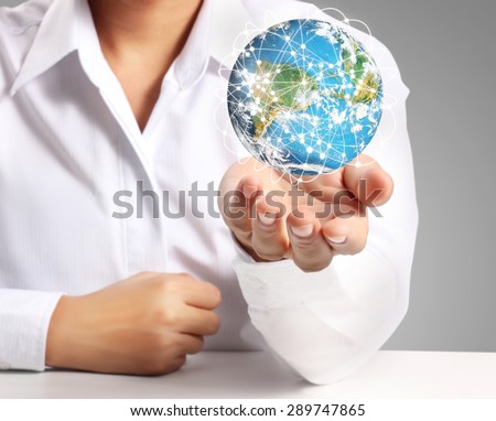 Globe ,earth in human hand, hand holding our planet earth glowing