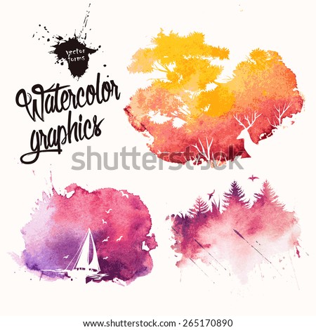 Nature silhouettes in colorful ink splatters