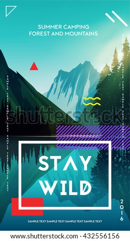 Modern motivational poster template with forest mountains and lake landscape. Trendy typographic and design elements. Vector illustration