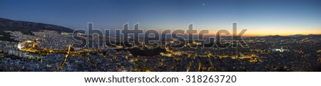 Athens September 17 2015: Panorama view from the Lecabetus hill in Athens city at dusk. Attica - Greece
