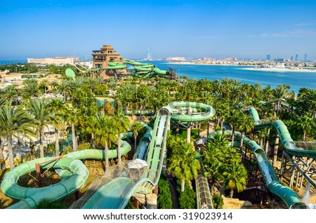 DUBAI, UAE - MARCH 1 2014: Aquaventure Waterpark in Atlantis. The Palm is the best Water Park in Dubai, packed with world first, record breaking rides.