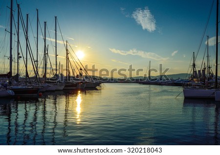 Sunset behind the yachts at marina flisvos in Athens - Greece