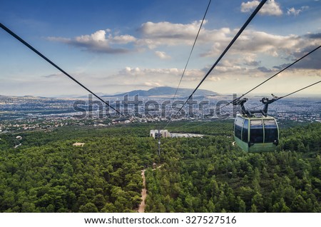 GREECE 10 13 2015: Cable car of the famous Regency Casino Mont Parnes and Hotel complex. It was the first casino to open in Greece made with the highest international standards of facilities in Europe