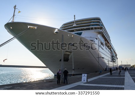 KALAMATA - GREECE NOVEMBER 8 2015: Costa Neoromantica Cruise ship anchored at Kalamata port. Messinia, Greece