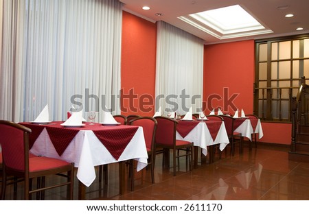 Restaurant. Serve table with dinner set. Novosibirsk, november 2006