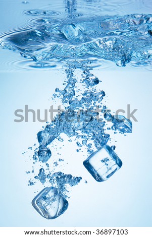Close up view of the ice cubes in water