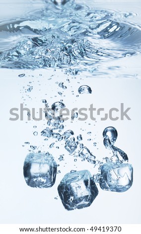 Close up view of the ice cubes in water