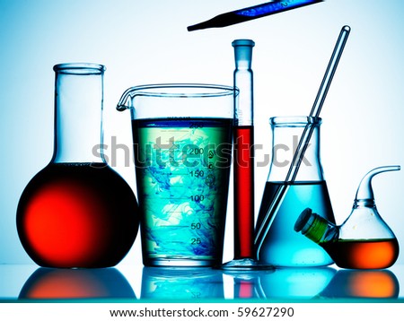 Assorted laboratory glassware equipment ready for an experiment in a science research lab