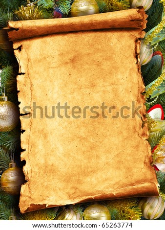 Colorful abstract background with Christmas lights and paper scroll.