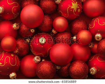 Christmas balls red background.