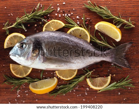 Raw dorado fish with rosemary and sea salt server on old wooden table.