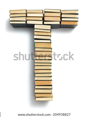 Letter T formed from the page ends of closed vintage hardcover books standing on a white background from a set or series of numbers