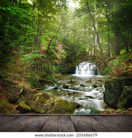 forest waterfall and rocks covered with moss and wood pier