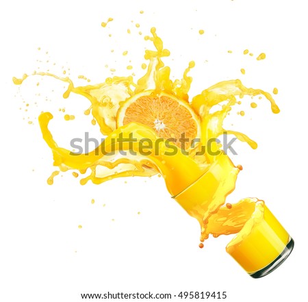 splashing orange juice with oranges against white background