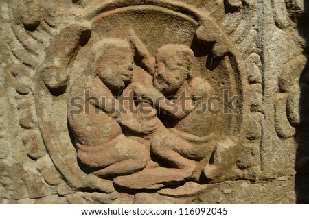 Bas relief of khmer everyday life. Preah Khan. Cambodia
