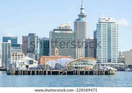 AUCKLAND, NZ - AUGUST 7: Auckland Cruise Port terminal and skyline. It\'s the hub of the Auckland ferry network. August, 2013 Auckland, New Zealand