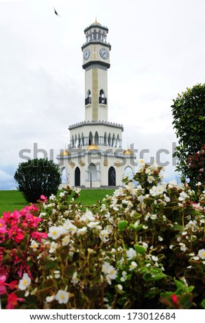 BATUMI, ADJARA, GEORGIA - SEPTEMBER 23: Tower of Chacha on September 23, 2013 in Batumi. The tower is surrounded by 4 fountain pools. Construction of 25-meter Chacha Tower costed around 500000 USD.