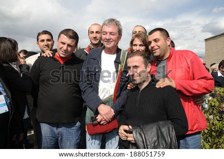 SPITAK, ARMENIA - OCTOBER 1: Ian Gillan of Deep Purple greets fans as he visits Spitak, Armenia on October 1, 2009 within the framework of “Armenia Grateful 2 Rock” project.