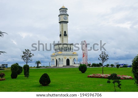 BATUMI, ADJARA, GEORGIA - SEPTEMBER 23: Tower of Chacha on September 23, 2013 in Batumi. The tower is surrounded by 4 fountain pools. Construction of 25-meter Chacha Tower costed around 500000 USD.