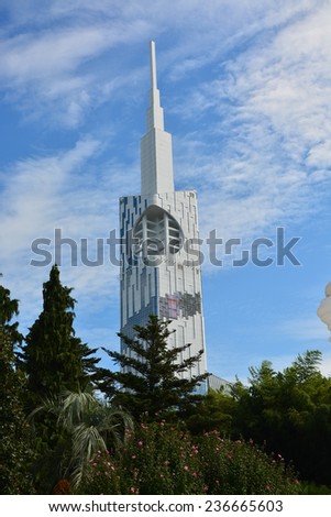 BATUMI, ADJARA, GEORGIA - SEPTEMBER 26: Batumi Technological University Tower on September 26, 2014 in Batumi. It is the first ever skyscraper in the world with an integrated Ferris wheel.