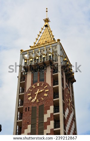 BATUMI, ADJARA, GEORGIA - SEPTEMBER 19: Clock Tower on September 19, 2014 in Batumi. Clock Tower is located on Piazza Square and includes 4-star 16-room Boutique Hotel \